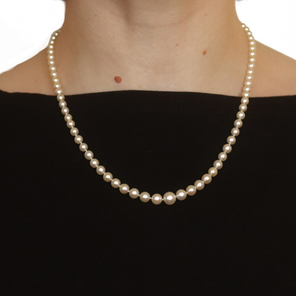 Yellow Gold Akoya Pearl & Diamond Graduated Strand Necklace 18 1/2" - 14k GIA - Picture 4 of 9